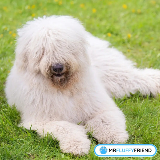 Un Komondor blanc et duveteux se reposant sur de l’herbe verte, montrant que même les grandes races de chiens les plus hirsutes ne perdent pas leurs poils
